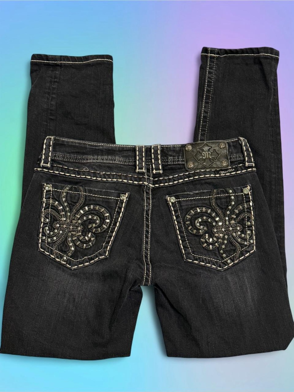 Vintage Y2K McBling Miss Me Jeans with Chain detail and contrast stitching